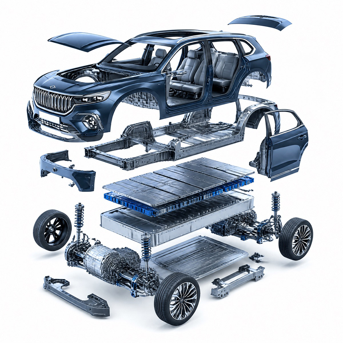 Elektrikli SUV platformu — batarya paketi, şasi, gövde ve yapısal parçalar